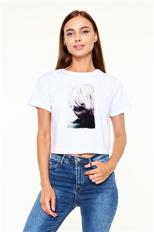 Bleach Baskılı Beyaz Crop Top Kadın Tişört - Tshirt