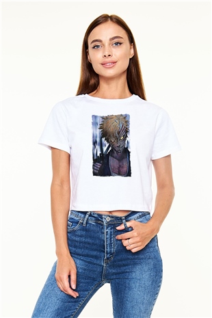 Bleach Baskılı Beyaz Crop Top Kadın Tişört - Tshirt