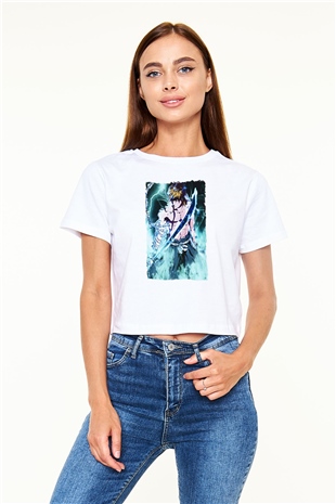 Bleach Baskılı Beyaz Crop Top Kadın Tişört - Tshirt