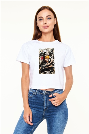 Bleach Baskılı Beyaz Crop Top Kadın Tişört - Tshirt