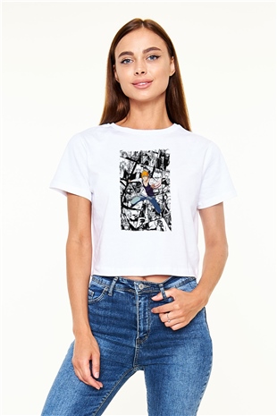 Bleach Baskılı Beyaz Crop Top Kadın Tişört - Tshirt