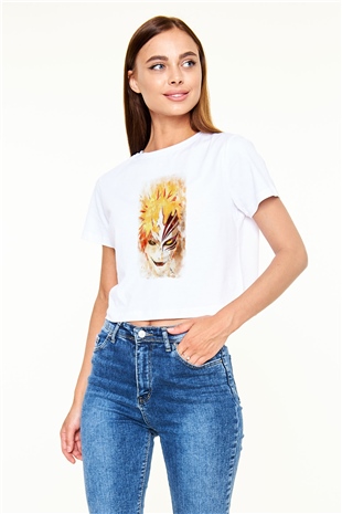 Bleach Baskılı Beyaz Crop Top Kadın Tişört - Tshirt