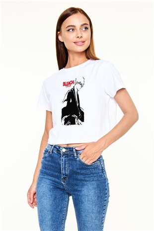 Bleach Baskılı Beyaz Crop Top Kadın Tişört - Tshirt