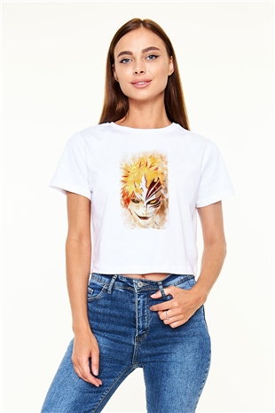 Bleach Baskılı Beyaz Crop Top Kadın Tişört - Tshirt