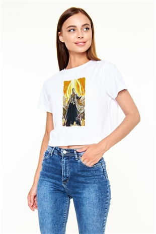 Bleach Baskılı Beyaz Crop Top Kadın Tişört - Tshirt