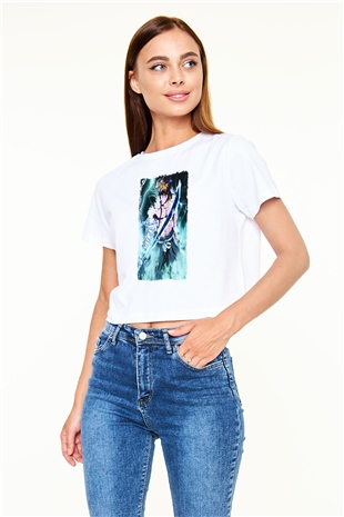 Bleach Baskılı Beyaz Crop Top Kadın Tişört - Tshirt