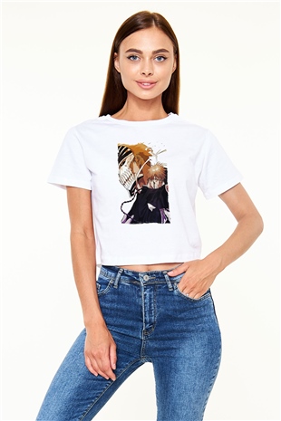 Bleach Baskılı Beyaz Crop Top Kadın Tişört - Tshirt