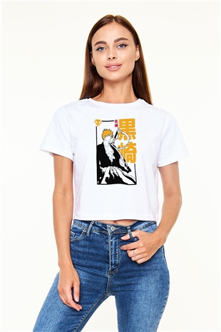 Bleach Baskılı Beyaz Crop Top Kadın Tişört - Tshirt