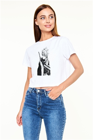 Bleach Baskılı Beyaz Crop Top Kadın Tişört - Tshirt