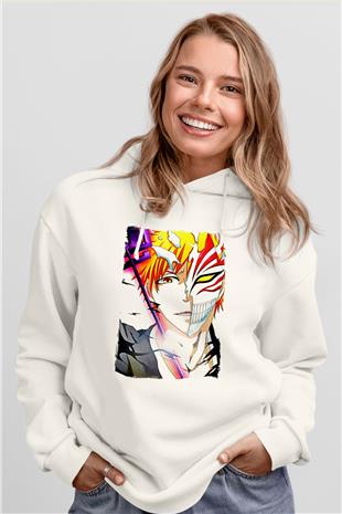 Bleach Baskılı Beyaz Unisex Hoodie