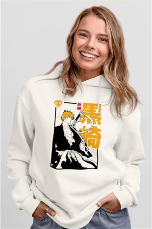 Bleach Baskılı Beyaz Unisex Hoodie
