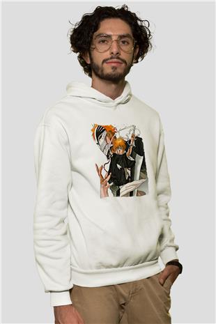 Bleach Baskılı Beyaz Unisex Hoodie
