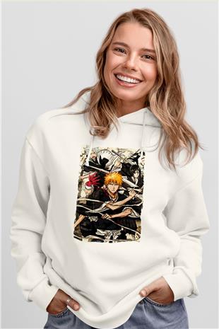 Bleach Baskılı Beyaz Unisex Hoodie