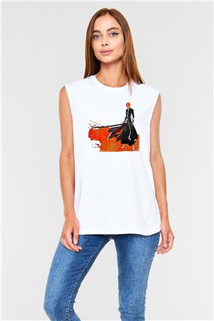 Bleach Baskılı Beyaz Unisex Kolsuz Tişört - Tshirt