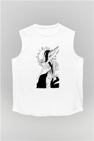 Bleach Baskılı Beyaz Unisex Kolsuz Tişört - Tshirt
