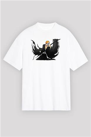 Bleach Baskılı Beyaz Unisex Oversize Tişört - Tshirt