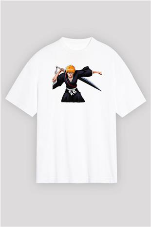 Bleach Baskılı Beyaz Unisex Oversize Tişört - Tshirt