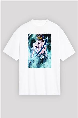 Bleach Baskılı Beyaz Unisex Oversize Tişört - Tshirt