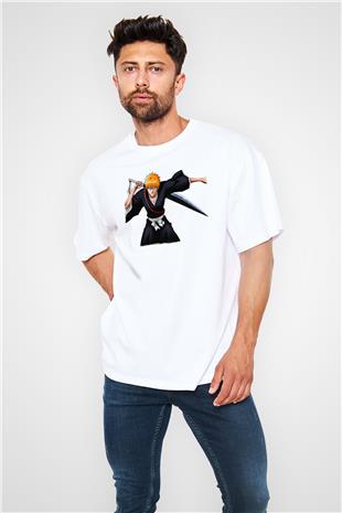 Bleach Baskılı Beyaz Unisex Oversize Tişört - Tshirt