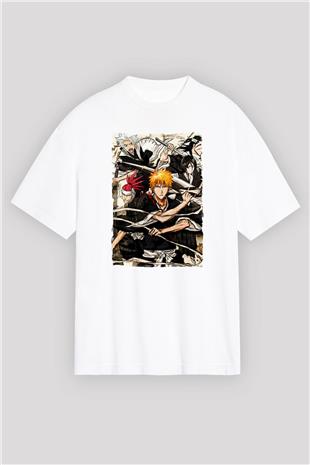 Bleach Baskılı Beyaz Unisex Oversize Tişört - Tshirt