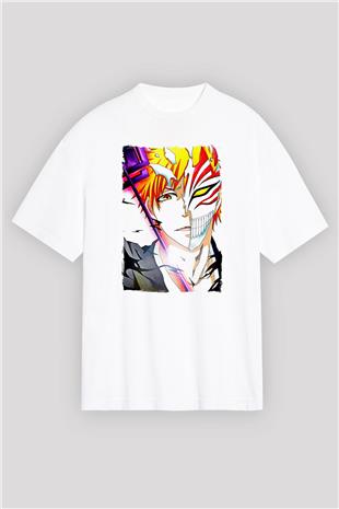 Bleach Baskılı Beyaz Unisex Oversize Tişört - Tshirt