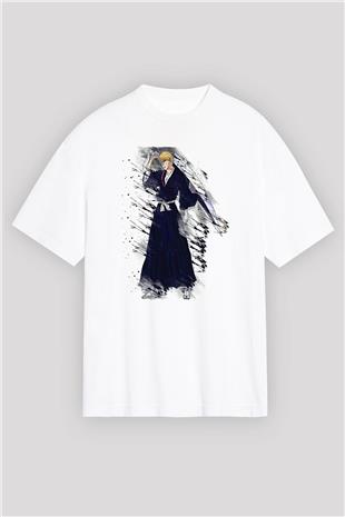 Bleach Baskılı Beyaz Unisex Oversize Tişört - Tshirt
