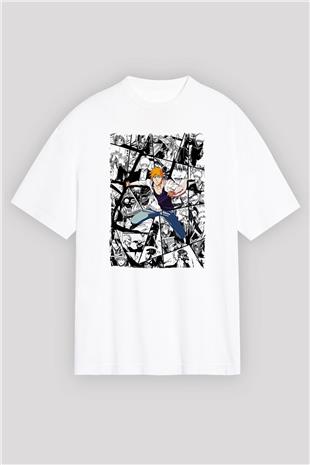 Bleach Baskılı Beyaz Unisex Oversize Tişört - Tshirt