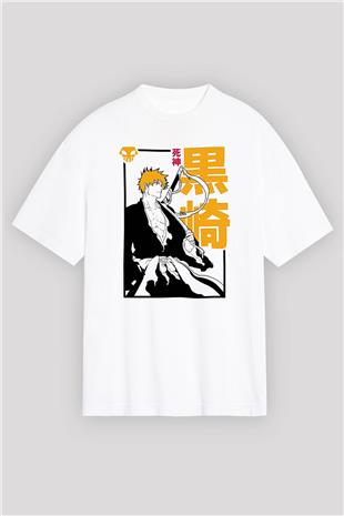 Bleach Baskılı Beyaz Unisex Oversize Tişört - Tshirt