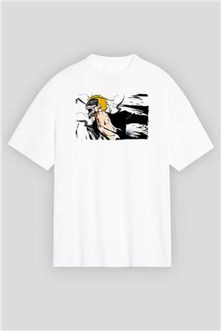 Bleach Baskılı Beyaz Unisex Oversize Tişört - Tshirt