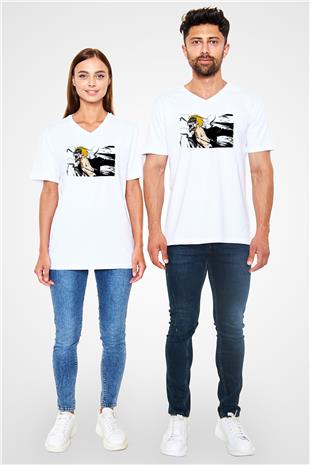 Bleach Baskılı Beyaz Unisex V Yaka Tişört - Tshirt