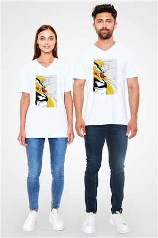 Bleach Baskılı Beyaz Unisex V Yaka Tişört - Tshirt