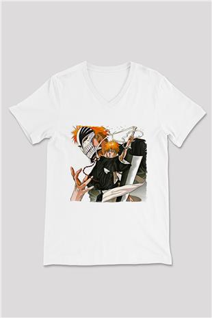 Bleach Baskılı Beyaz Unisex V Yaka Tişört - Tshirt