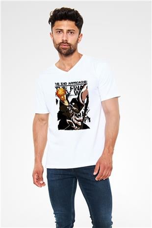Bleach Baskılı Beyaz Unisex V Yaka Tişört - Tshirt