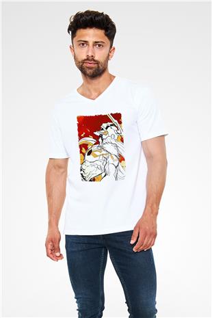 Bleach Baskılı Beyaz Unisex V Yaka Tişört - Tshirt