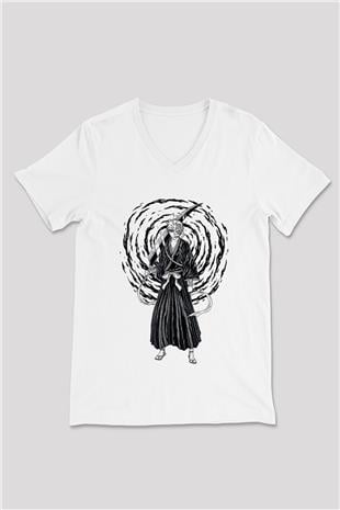 Bleach Baskılı Beyaz Unisex V Yaka Tişört - Tshirt