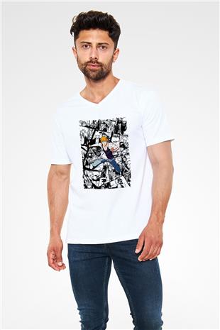 Bleach Baskılı Beyaz Unisex V Yaka Tişört - Tshirt
