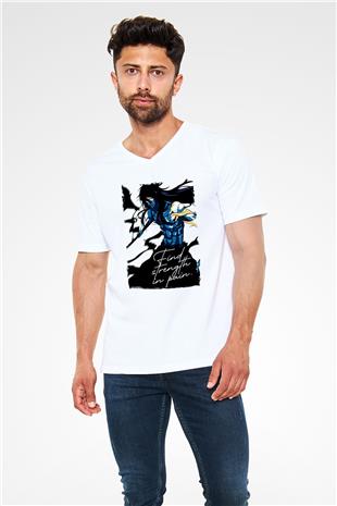Bleach Baskılı Beyaz Unisex V Yaka Tişört - Tshirt