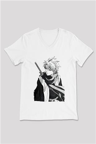 Bleach Baskılı Beyaz Unisex V Yaka Tişört - Tshirt