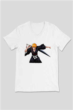 Bleach Baskılı Beyaz Unisex V Yaka Tişört - Tshirt