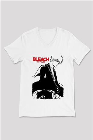 Bleach Baskılı Beyaz Unisex V Yaka Tişört - Tshirt