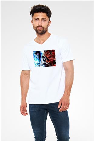 Bleach Baskılı Beyaz Unisex V Yaka Tişört - Tshirt