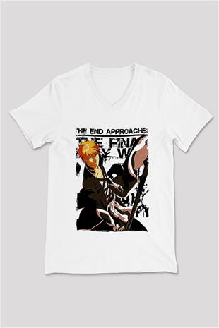 Bleach Baskılı Beyaz Unisex V Yaka Tişört - Tshirt