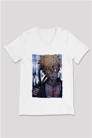 Bleach Baskılı Beyaz Unisex V Yaka Tişört - Tshirt