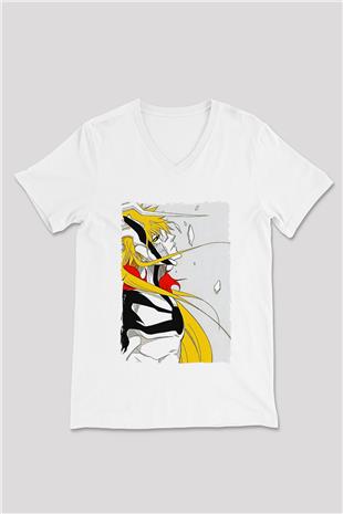 Bleach Baskılı Beyaz Unisex V Yaka Tişört - Tshirt