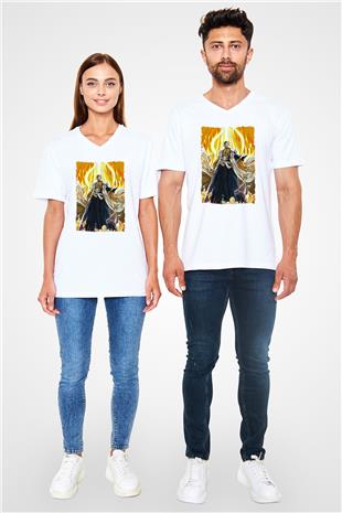 Bleach Baskılı Beyaz Unisex V Yaka Tişört - Tshirt