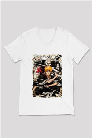 Bleach Baskılı Beyaz Unisex V Yaka Tişört - Tshirt