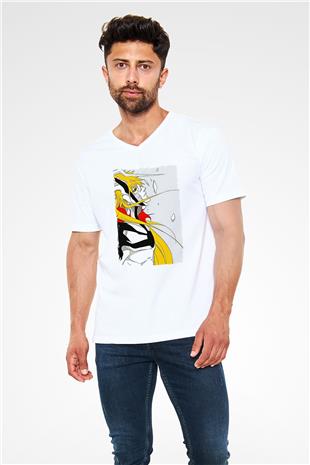 Bleach Baskılı Beyaz Unisex V Yaka Tişört - Tshirt