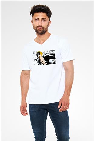Bleach Baskılı Beyaz Unisex V Yaka Tişört - Tshirt