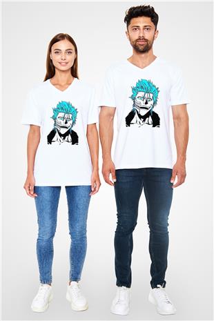 Bleach Baskılı Beyaz Unisex V Yaka Tişört - Tshirt