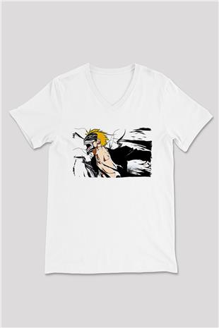 Bleach Baskılı Beyaz Unisex V Yaka Tişört - Tshirt